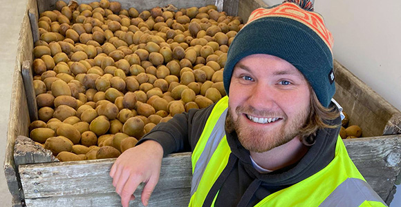 NZFN Food Hub, Satisfy Food Rescue, staff member crouching in front of donated bin of kiwifruit.