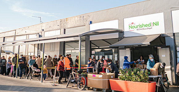 Line of people outside of NZFN Food Hub, Nourished for Nil.