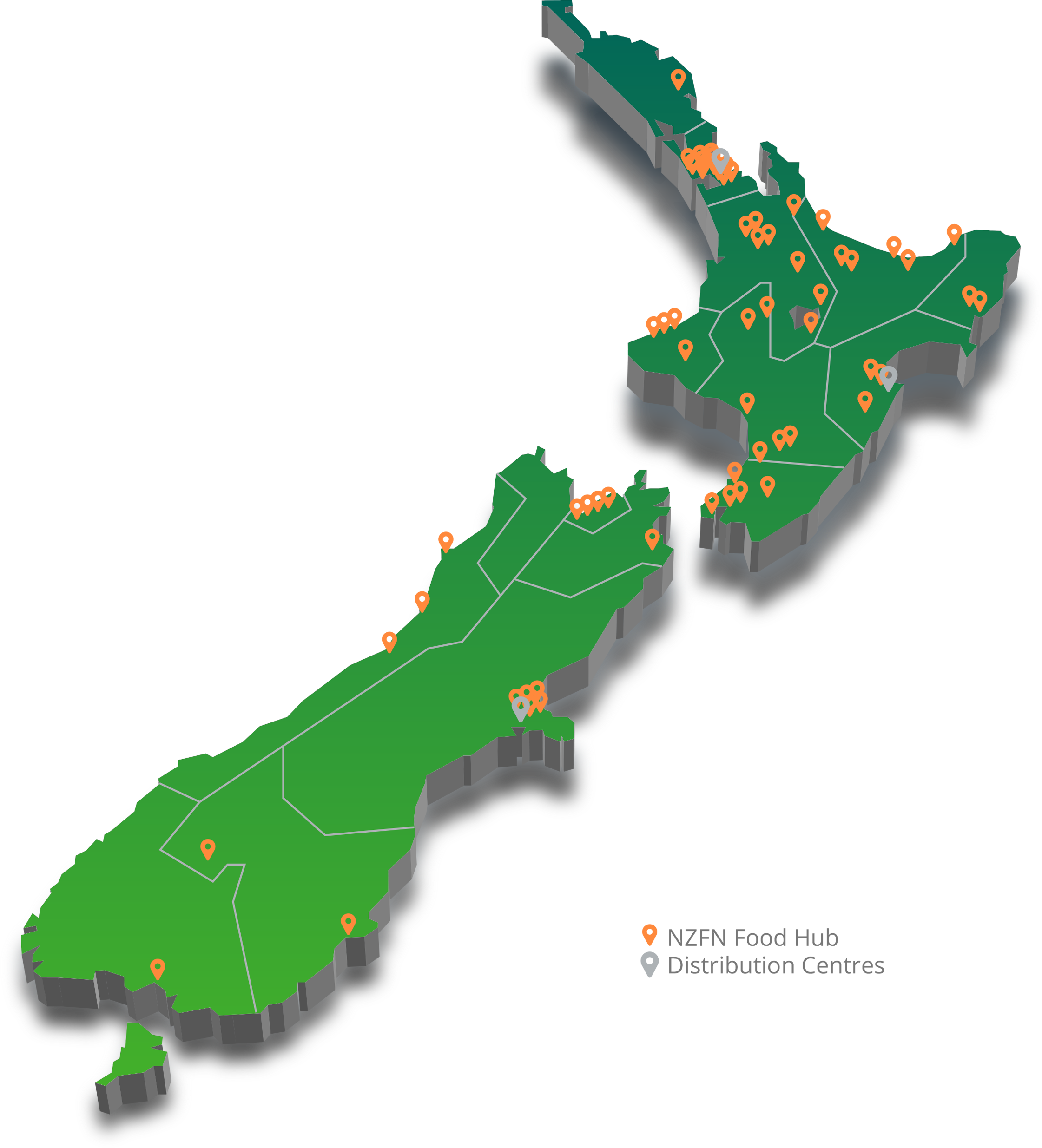 3D map of New Zealand with NZFN Food Hub and warehouse locations pinned on it.