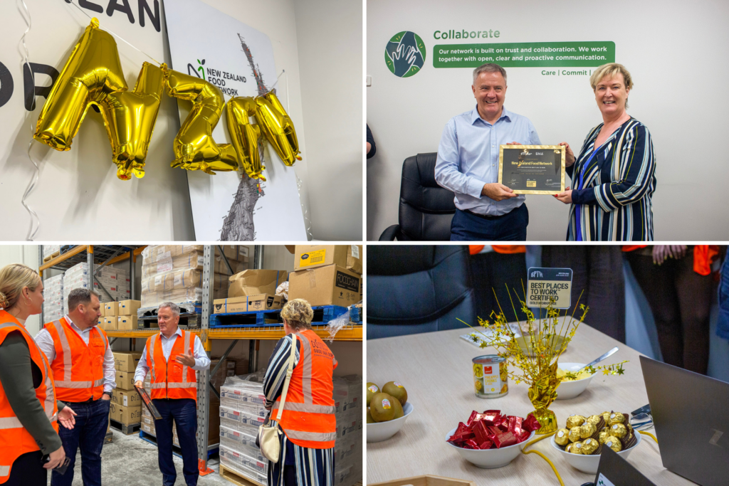 NZFN x BPTW 02 Gold “NZFN” balloons and team scenes celebrating NZFN’s Best Places to Work Gold certification, including certificate presentation and warehouse operations.